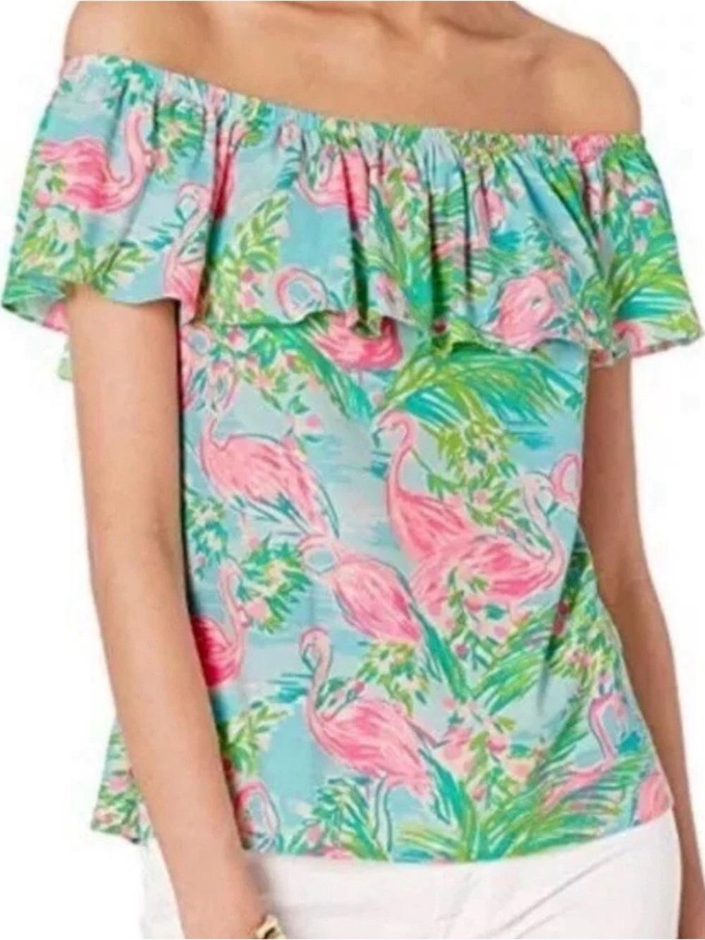 LILLY PULITZER La Fortuna Off The Shoulder Flamingo Print Ruffle Top Resort
